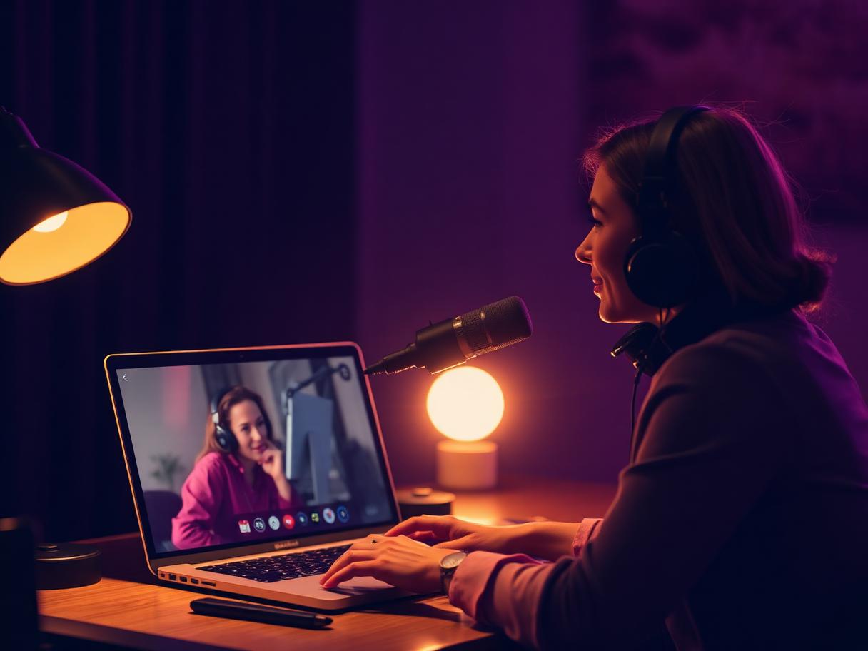Podcast guest on a remote video interview, speaking into a microphone at a home studio desk