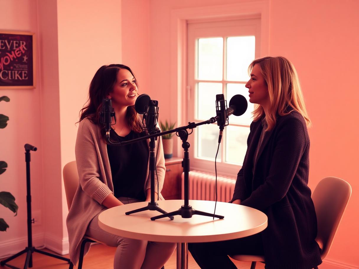 Two women recording a podcast interview across a table with microphones
